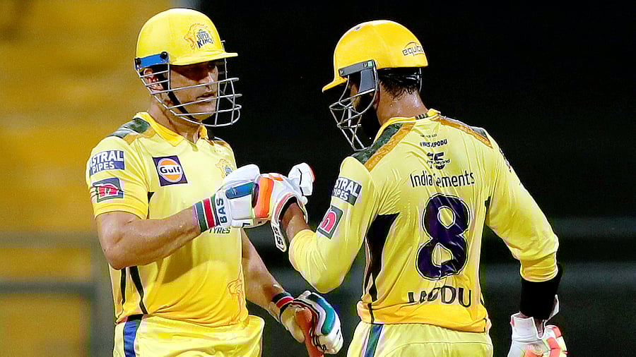 Ravindra Jadeja and MS Dhoni of the Chennai Superkings, during the first T20 cricket match of the Indian Premier League 2022. Credit: PTI Photo