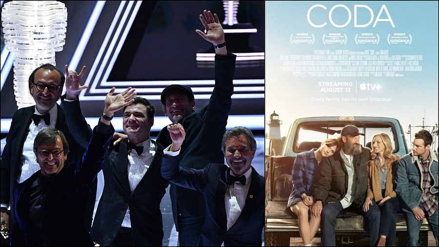 "Coda" producers Philippe Rousselet (2nd L), Fabrice Gianfermi (L) and Patrick Wachsberger (3rd R) accept the award for Best Picture for "CODA" onstage during the 94th Oscars at the Dolby Theatre in Hollywood, California. Credit: AFP/ IANS Photo