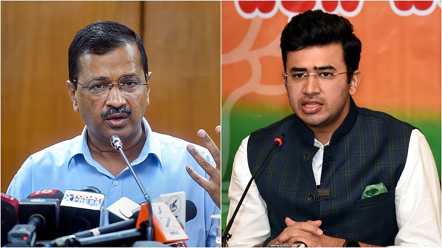 Delhi Chief Minister Arvind Kejriwal and BJP youth wing president Tejasvi Surya. Credit: PTI/DH Photos