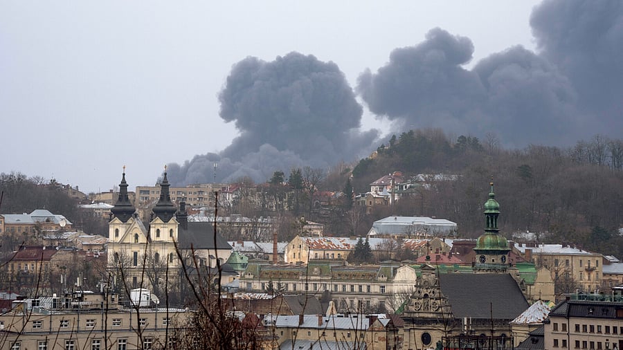 Smoke rises the air in Lviv, western Ukraine. Credit: AP Photo