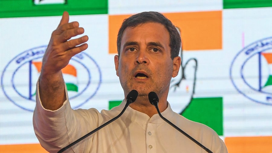 Rahul Gandhi speaking at a meeting of Congress leaders in Bengaluru. Credit: DH Photo/S K Dinesh