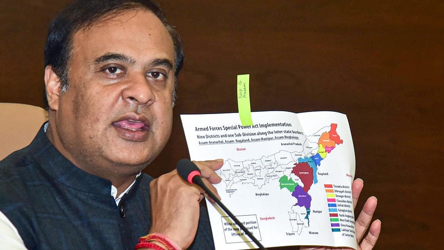 Assam Chief Minister Himanta Biswa Sarma addresses the media regarding the removal of Armed Forces Special Powers Act (AFSPA) from some areas of the state, at Assam Secretariat in Guwahati. Credit: PTI Photo