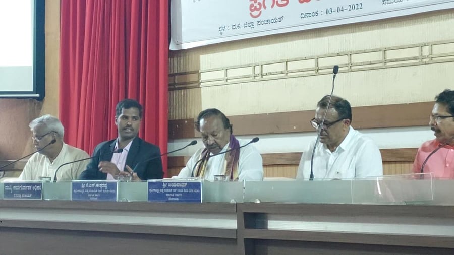 Rural Development and Panchayat Raj Minister K S Eshwarappa conducts a progress review meeting in Mangaluru.