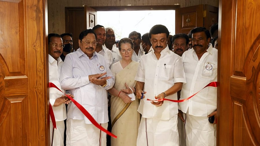 DMK President & Tamil Nadu Chief Minister M K Stalin with Congress interim President Sonia Gandhi and others, during the inauguration of DMK's office 'Anna-Kalaignar Arivalayam', in New Delhi. Credit: PTI Photo