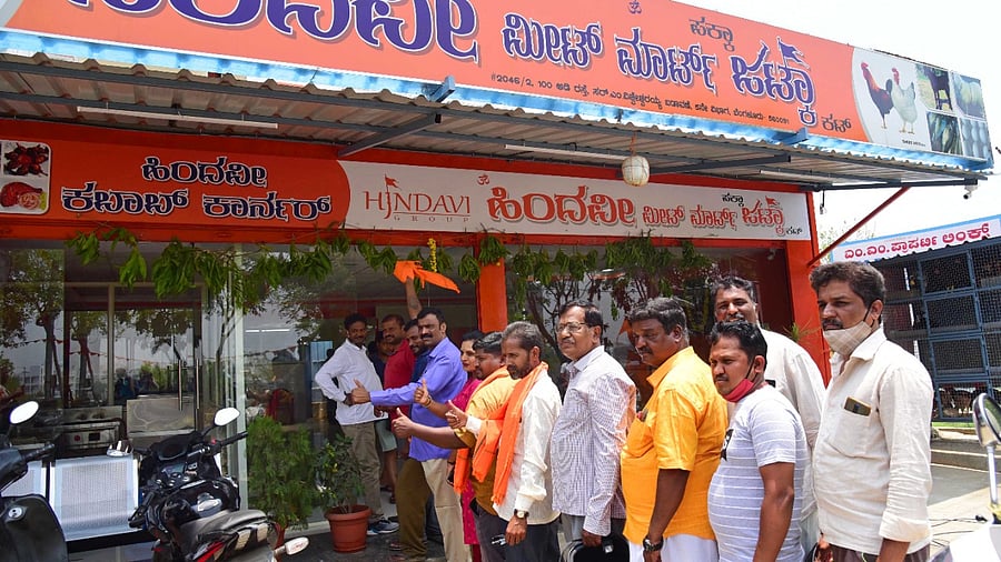 People buying meat at Hindavi Meat Mart selling 'Jhatka cut' on the occasion of Hosatodaku (Ugadi festival) at Ullal, Bengaluru. Credit: DH Photo