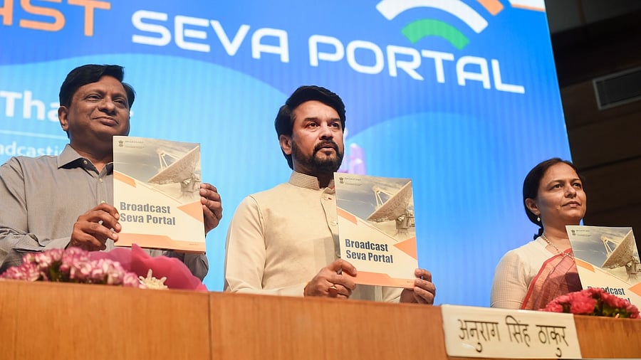 Union I&B Minister Anurag Thakur during the launch of Broadcast Seva Portal, in New Delhi. Credit: PTI Photo