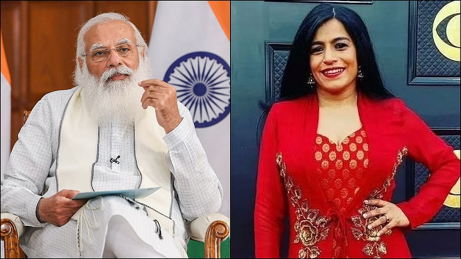 PM Modi and Falguni Shah. Credit: PTI/ IANS Photo