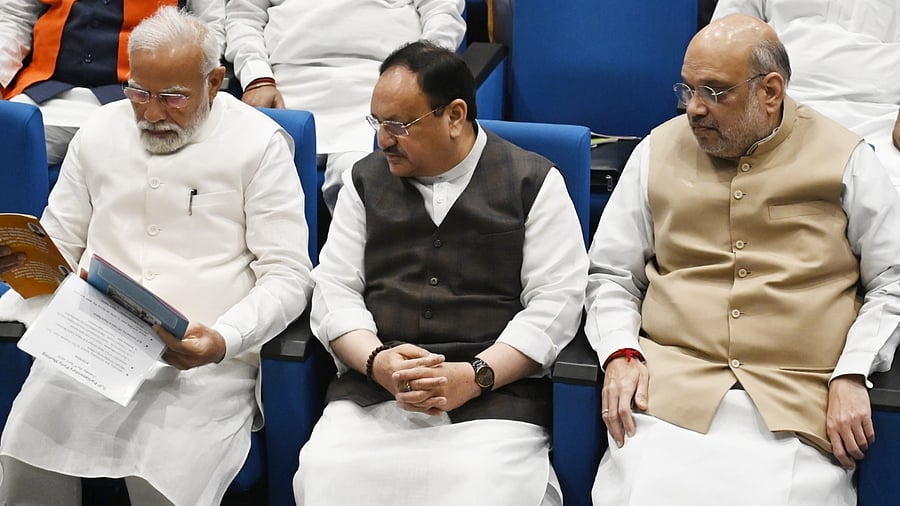 PM Modi with BJP National President J.P. Nadda, Union Home Minister Amit Shah and other leaders during BJP Parliamentary meeting in New Delhi. Credit: IANS Photo
