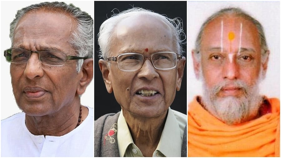 Go Ru Channabasappa, Prof T V Venkatachala Sastry and Bhashyam Swamy (L-R). Credit: DH Photos