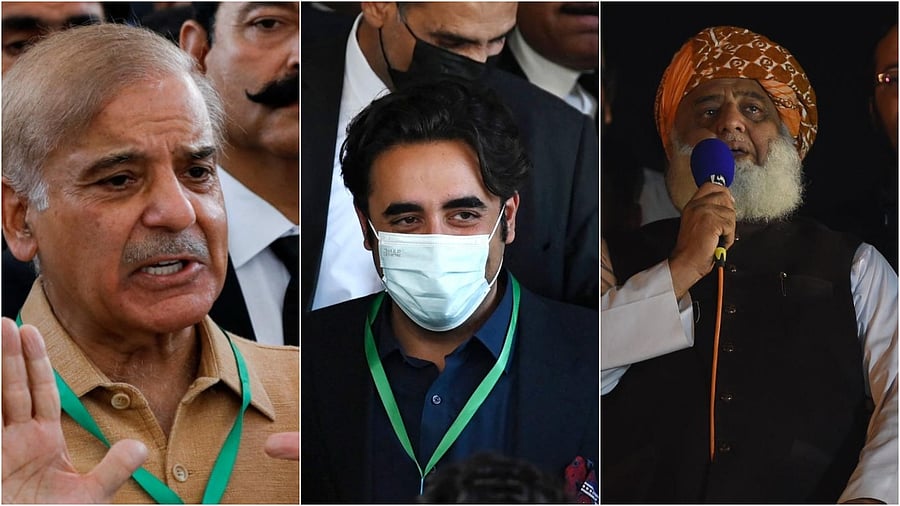 (L-R) Shehbaz Sharif, Bilawal Bhutto Zardari and Maulana Fazlur-Rehman. Credit: Reuters/AFP Photos