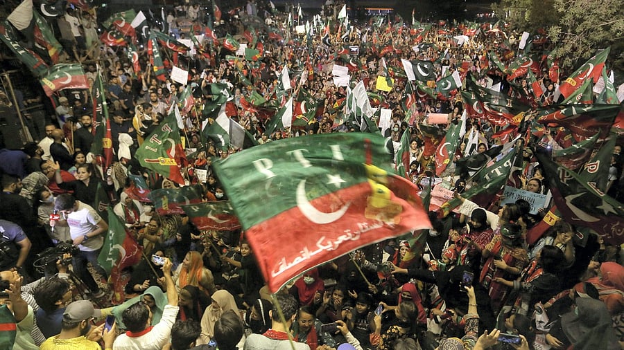 Supporters of deposed Prime Minister Imran Khan's party participate in a rally to condemn the ouster of their leader's government, in Karachi, Pakistan. Credit: AP/PTI Photo