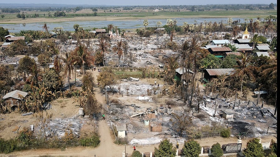 An aerial view of Bin village of the Mingin Township in Sagaing region after villagers say it was set ablaze by the Myanmar military. Credit: Reuters Photo