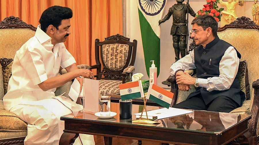 M K Stalin with R N Ravi. Credit: PTI File Photo