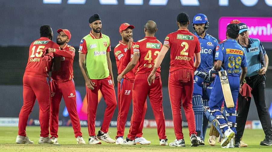 Punjab Kings players after winning the Indian Premier League 2022 cricket match against Mumbai Indians, at the MCA International Stadium in Pune. Credit: PTI Photo