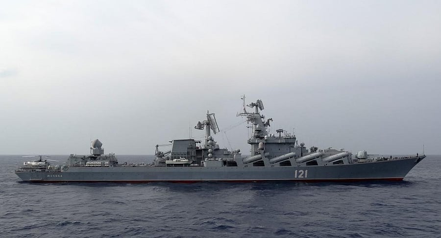 In this file photo taken on December 17, 2015 the Russian missile cruiser Moskva patrols in the Mediterranean Sea, off the coast of Syria. Credit: AFP