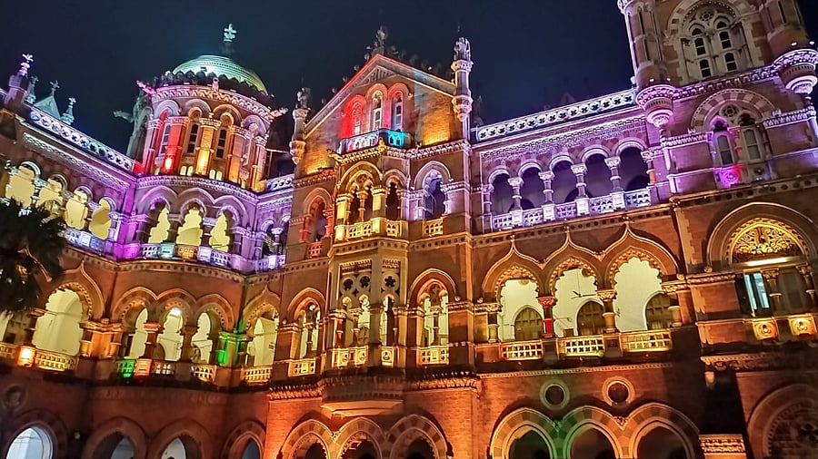 Now a new sparkle of the theme lighting system at Chhatrapati Shivaji Maharaj Terminus heritage building can be enjoyed. Credit: DH Photo
