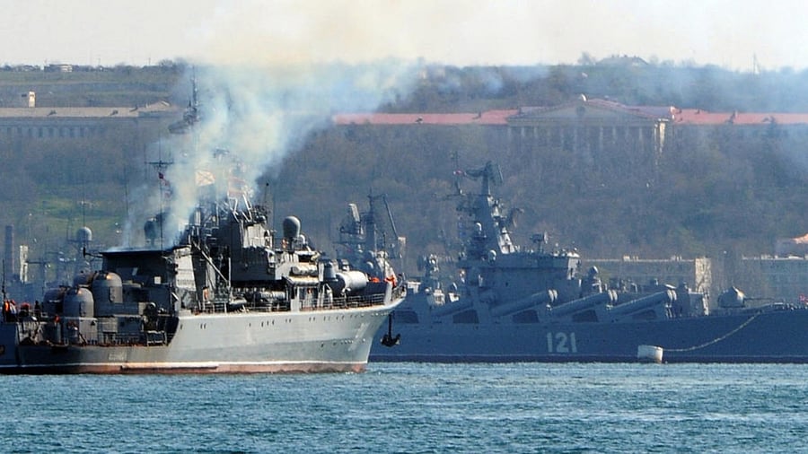 Russian Navy flagship missile cruiser 'Moskva' (R). Credit: AFP File Photo