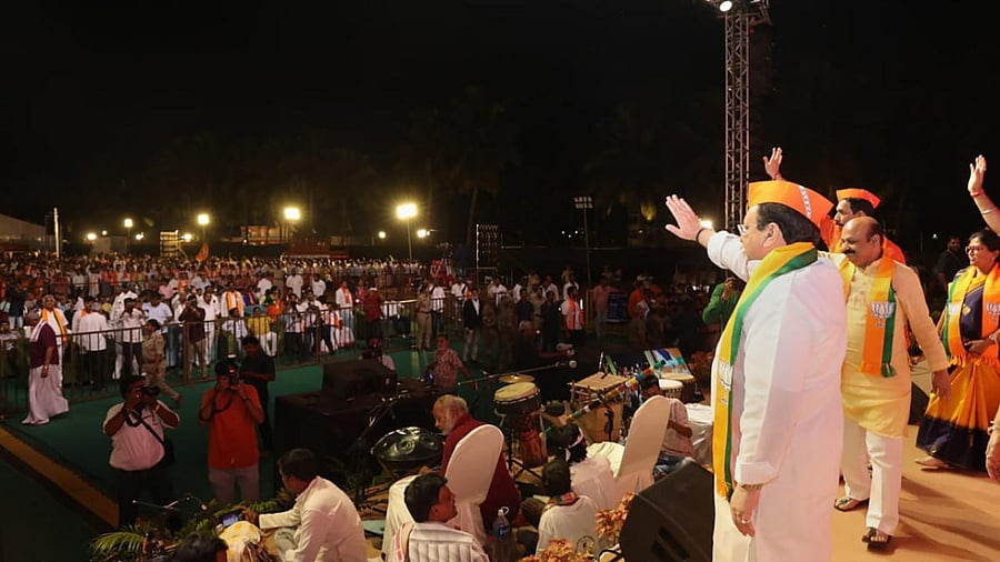 BJP National President J P Nadda with Karnataka Chief Minister Basavaraj Bommai. Credit: PTI Photo
