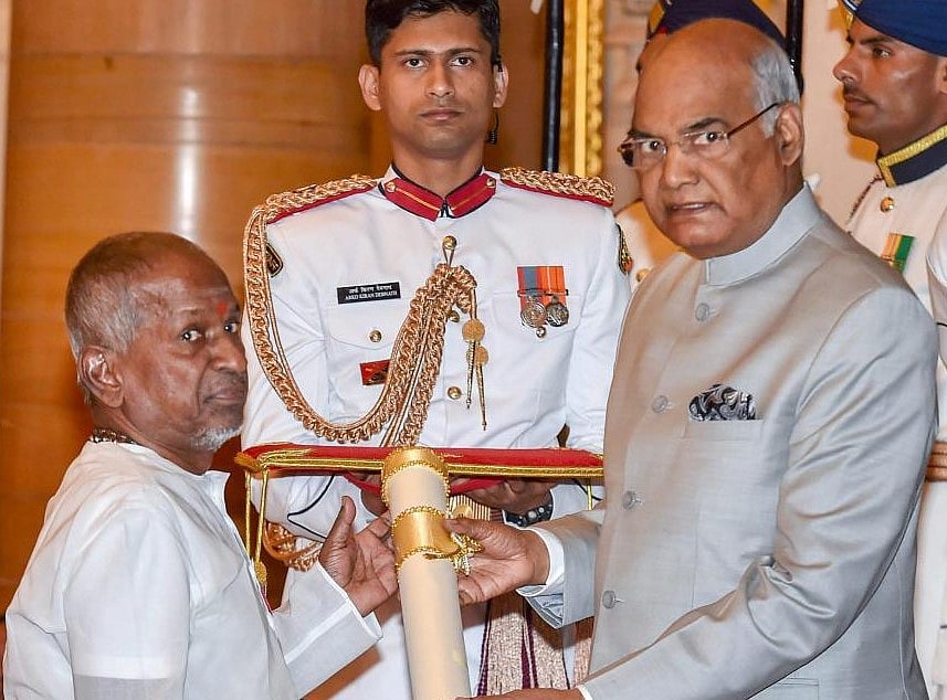 President Ram Nath Kovind confers Padma Vibhushan on Music Director Ilaiyaraaja during the Padma Awards 2018 function at Rashtrapati Bhavan in New Delhi. Credit: PTI