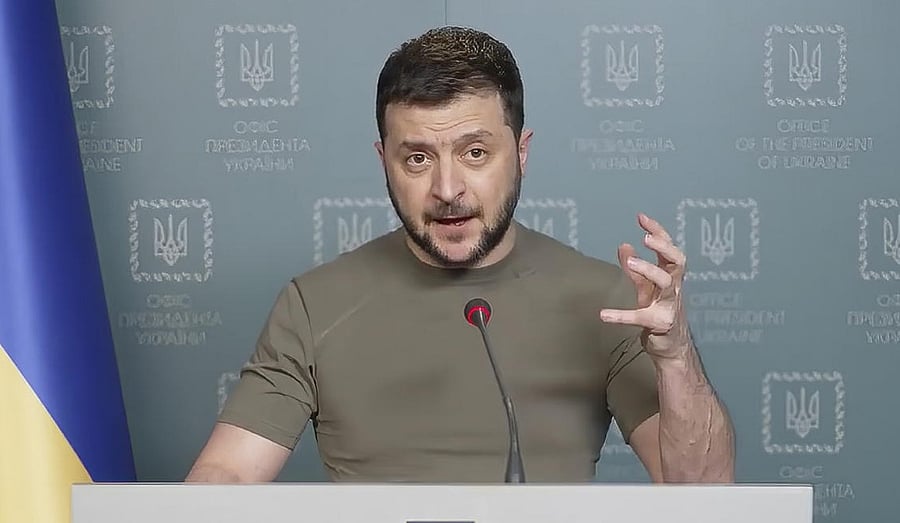 Ukrainian President Volodymyr Zelenskyy speaks from Kyiv, Ukraine. Credit: AP