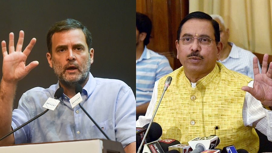 <div class="paragraphs"><p>Congress leader Rahul Gandhi (L) and Union minister Pralhad Joshi. </p></div>