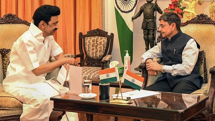 M K Stalin with R N Ravi. Credit: PTI File Photo
