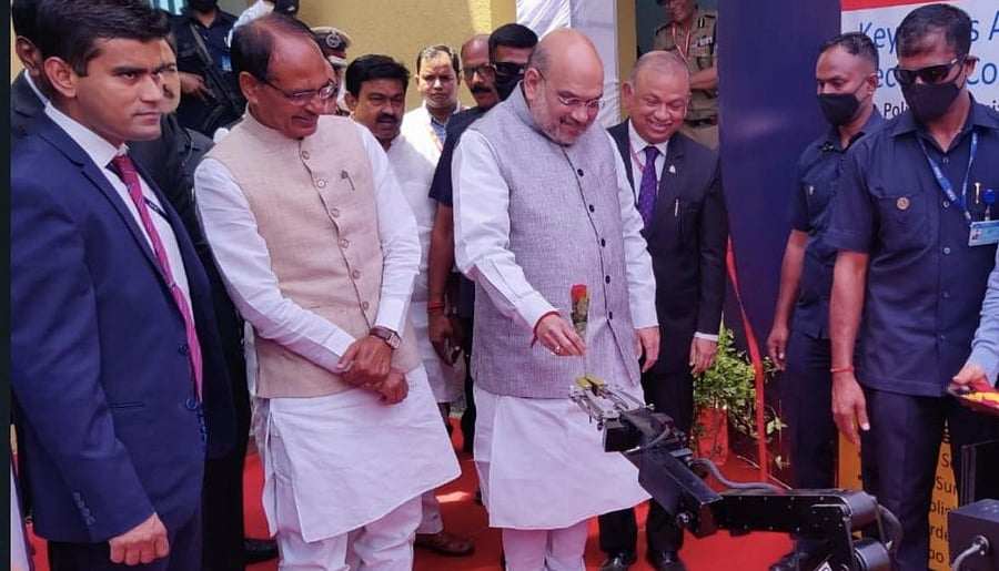 Union Home Minister Amit Shah inaugurates 48th All India Police Science Congress at Central Academy for Police Training (CAPT) in Bhopal on Friday, April 22, 2022. Madhya Pradesh CM Shivraj Singh Chouhan also seen. Credit: IANS