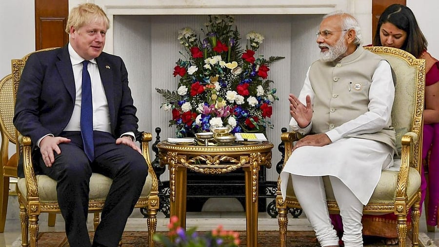 Prime Minister Narendra Modi and British Prime Minister Boris Johnson at a meeting at Hyderabad House, in New Delhi. Credit: PTI Photo