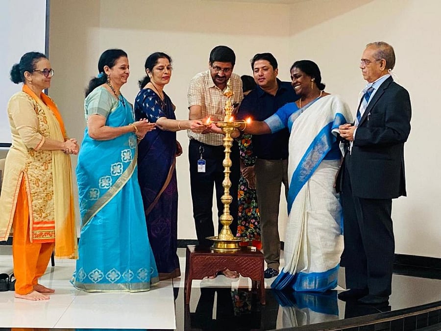 Rajyotsava awardee and Na Nayaki state convenor Dr Akkai Padmashali inaugurates the programme, 'Beyond the Binaries', at Nitte University in Deralakatte in Mangaluru.