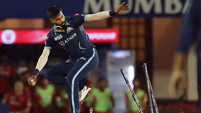 Hardik Pandya of Gujarat Titans during T20 cricket match 16 of the Indian Premier League 2022 (IPL season 15) between the Punjab Kings and the Gujarat Titans held at the Brabourne Stadium (CCI) in Mumbai. Credit: PTI Photo