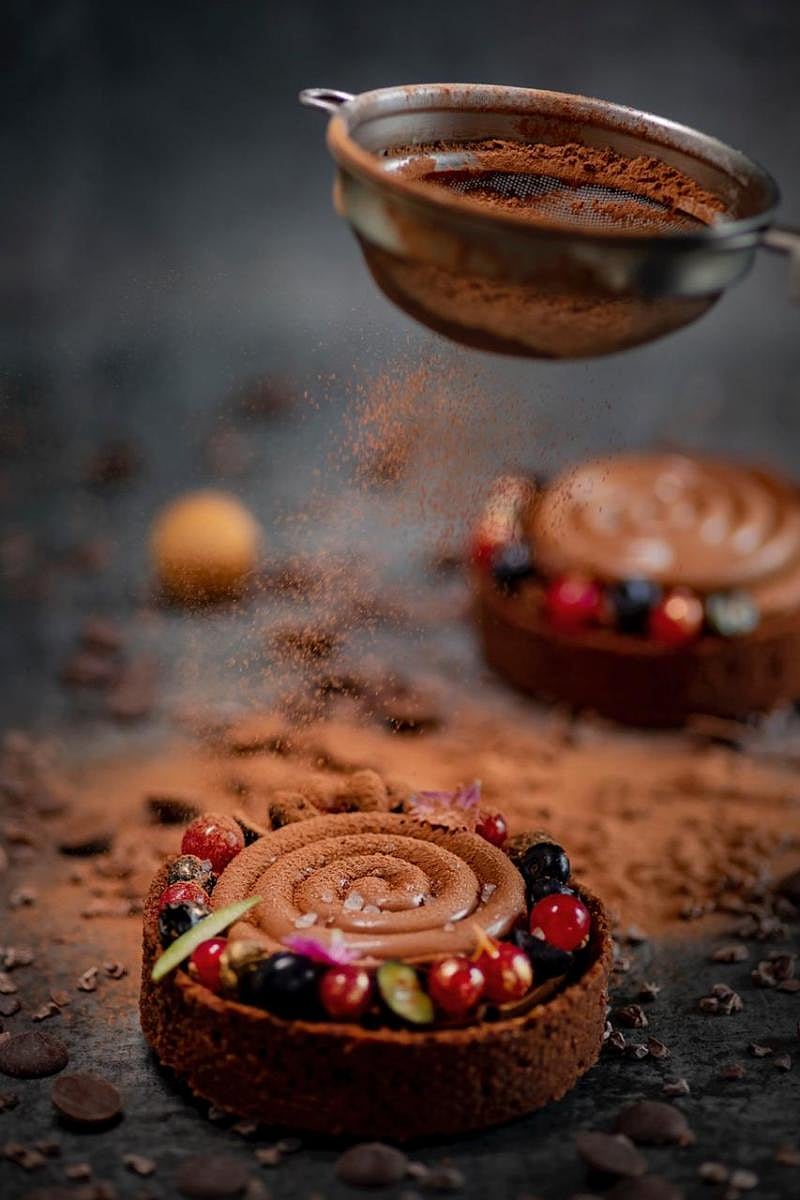 Multigrain tart with spiced dark chocolate lassi mousse & fresh berries