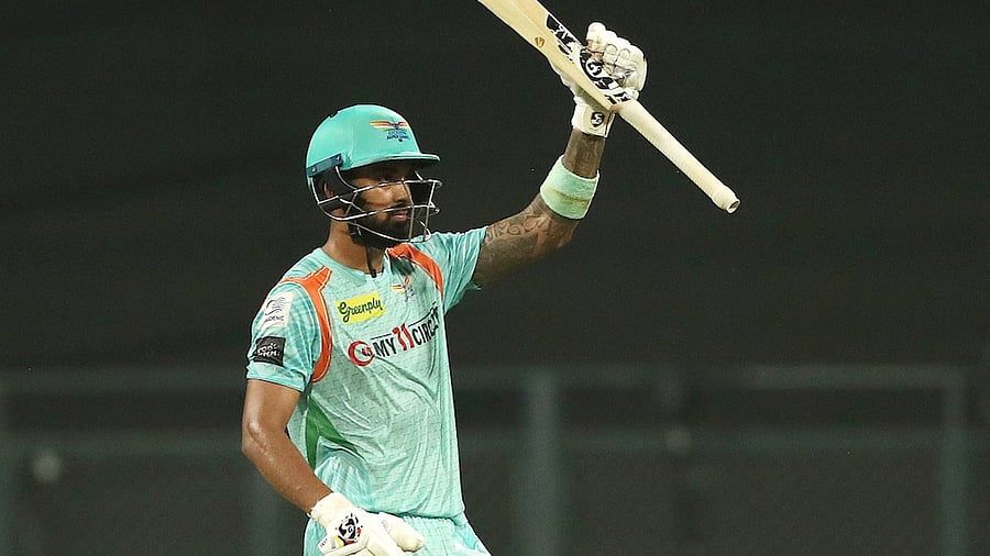 Lucknow Super Giants skipper KL Rahul celebrates after scoring a century against Mumbai Indians. Credit: PTI Photo