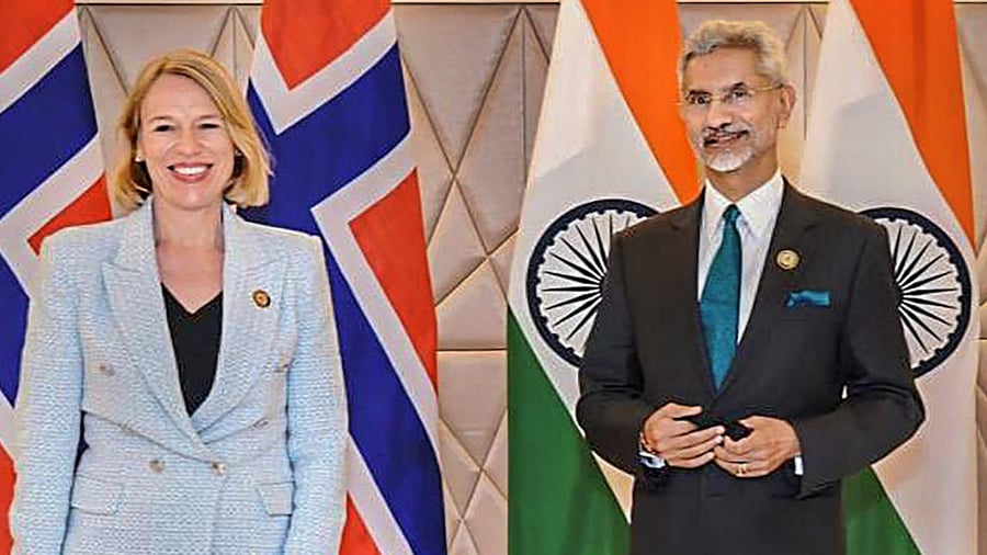 External Affairs Minister S Jaishankar with his Norwegian counterpart Anniken Huitfeldt during a meeting, in Delhi. Credit: PTI Photo