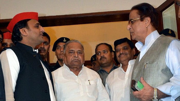 Samajwadi Party founder Mulayam Singh Yadav, party president Akhilesh Yadav, senior leaders Shivpal Singh Yadav and Azam Khan. Credit: PTI File Photo