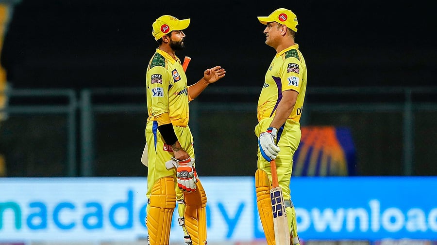 Ravindra Jadeja and MS Dhoni of the Chennai Super Kings. Credit: PTI Photo