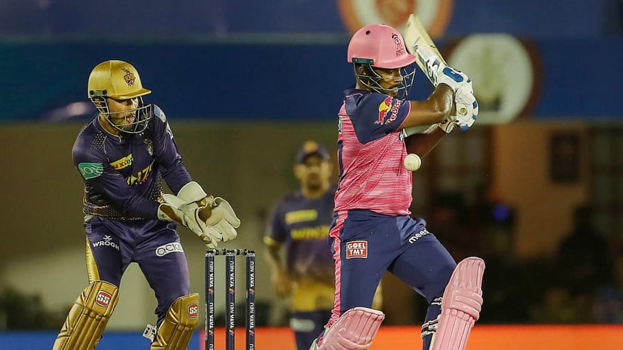 Sanju Samson of Rajasthan Royals in action during the Indian Premier League 2022 cricket match between Rajasthan Royals and Kolkata Knight Riders, at the Brabourne Stadium (CCI) in Mumbai, Monday, April 18, 2022. Credit: PTI Photo