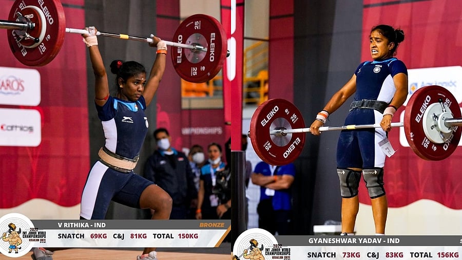 Chattisgarh lifter Gyaneshwari (R) produced a total effort of 156kg (73kg+83kg) to take home the silver metal on Monday night. Credit: Twitter/@Media_SAI