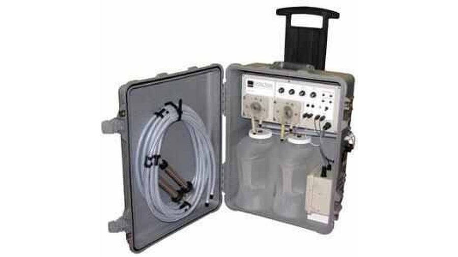 An autosampler is an analytical device that collects samples periodically from a large sample source for analysis, like the atmosphere or a lake, for example. Credit: Infectious Disease Research Foundation