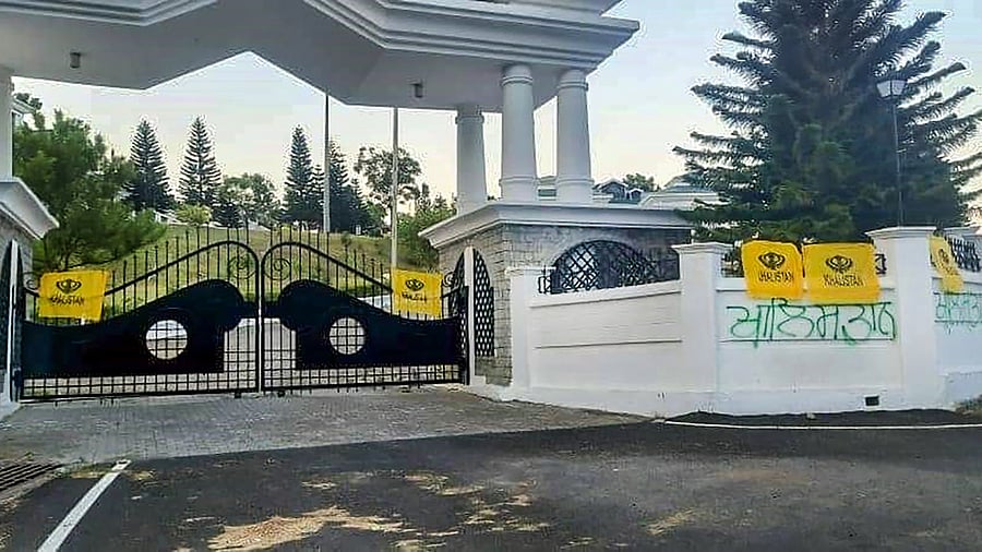 halistan flags tied on the main gates and walls of Himachal Pradesh Vidhan Sabha complex, at Tapovan in Kangra district. Credit: PTI Photo
