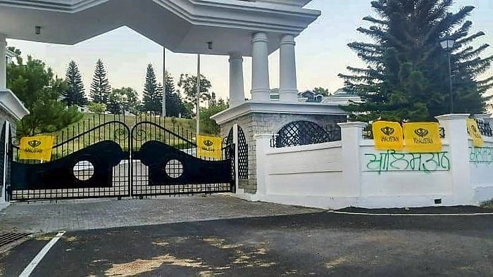 Khalistan flags tied on the main gates and walls of Himachal Pradesh Vidhan Sabha complex, at Tapovan in Kangra district. Credit: PTI Photo