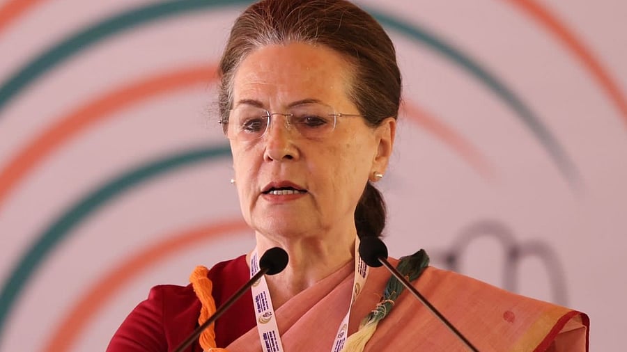 Congress Interim President Sonia Gandhi addresses during the 'Nav Sankalp Chintan Shivir- 2022', in Udaipur. Credit: IANS Photo