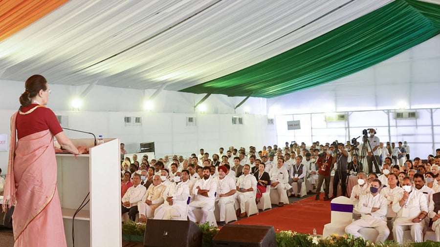 Congress interim President Sonia Gandhi addresses party leaders during the party's 'Nav Sankalp Chintan Shivir', in Udaipur. Credit: PTI Photo