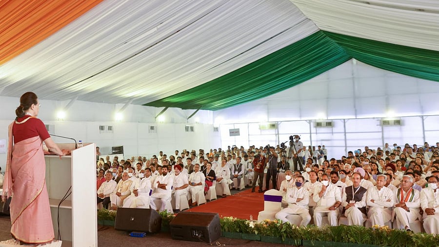 Congress interim President Sonia Gandhi addresses party leaders during the party's 'Nav Sankalp Chintan Shivir', in Udaipur. Credit: PTI Photo