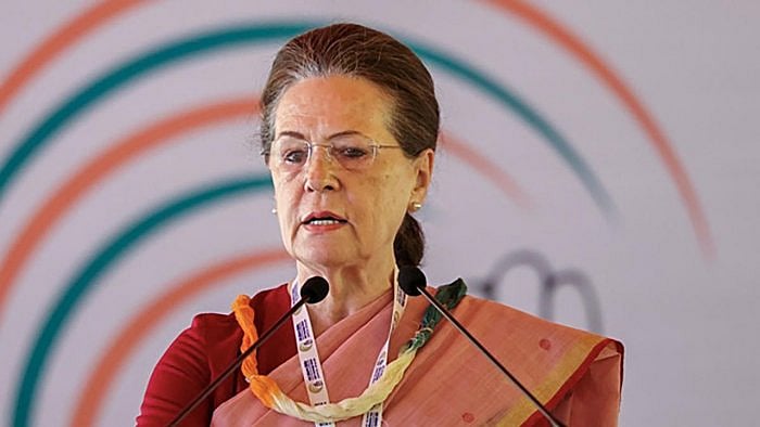 Congress interim President Sonia Gandhi addresses party leaders during the party's 'Nav Sankalp Chintan Shivir', in Udaipur. Credit: PTI File Photo