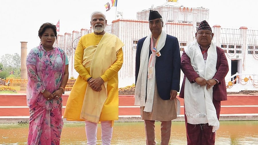 Prime Minister Narendra Modi along with Nepal Prime Minister Sher Bahadur Deuba in Lumbini. Credit: IANS Photo