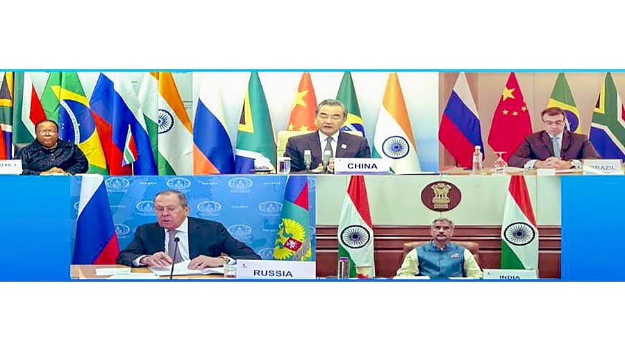 External Affairs Minister S. Jaishankar interacts with his counterparts from China, Russia, Brazil and South Africa during the BRICS Foreign Ministers’ virtual meeting. Credit: PTI Photo