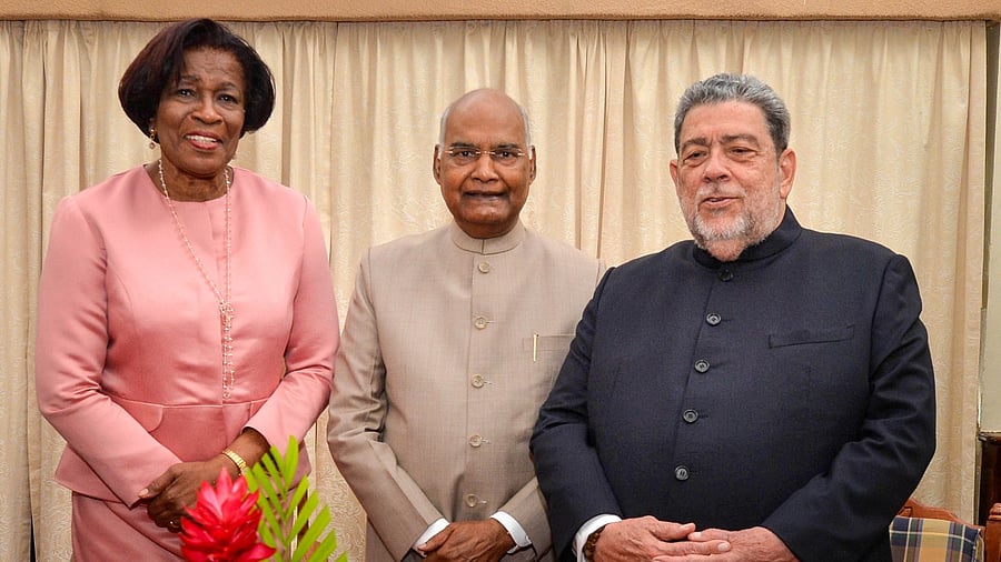 President Ram Nath Kovind meets Dame Susan Dougan, Governor General of St. Vincent and the Grenadines and Prime Minister Ralph Gonsalves, in Kingstown. Credit: PTI Photo