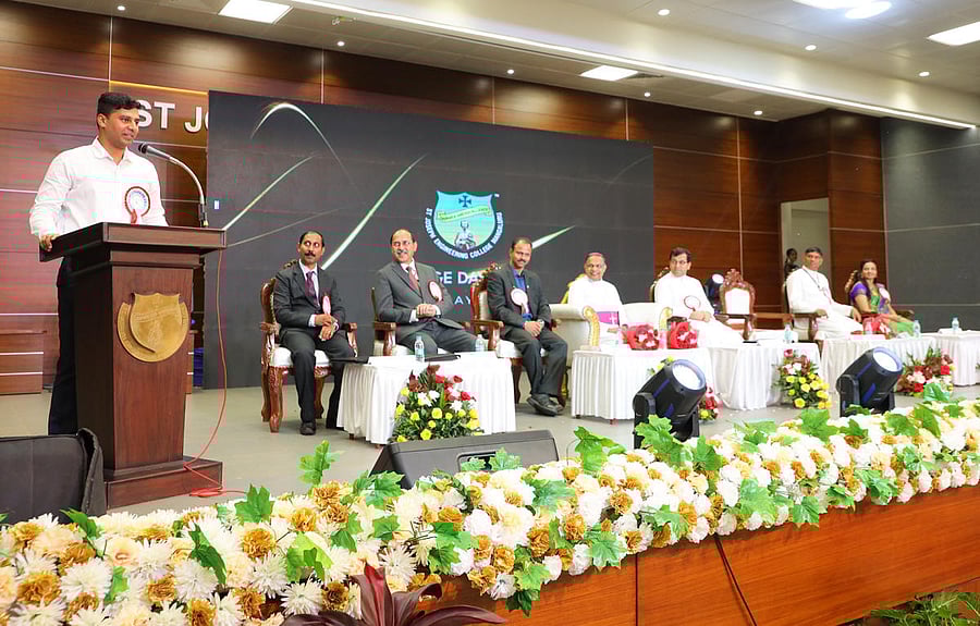 Adrian D’Souza, project lead at SecurEyes Techno Services Pvt Ltd, speaks during the annual day celebrations of St Joseph Engineering College in Mangaluru.