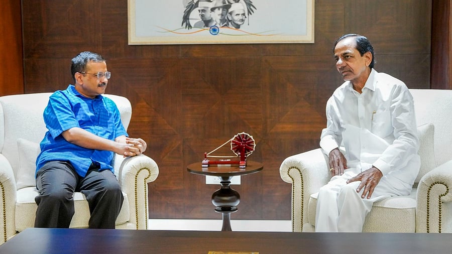 Telangana CM K Chandrashekar Rao with Delhi CM Arvind Kejriwal during a meeting, in Delhi. Credit: PTI Photo