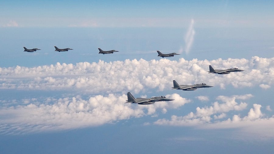 Japanese and US forces conducted the joint fighter jet flight over the Sea of Japan. Credit: AP/PTI Photo